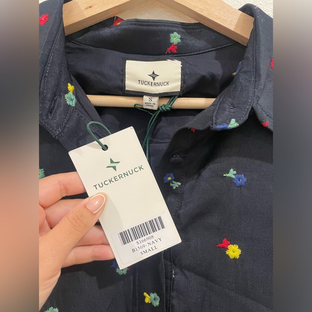 NWT Tuckernuck Navy Mini Dress with Floral Embroidery Button Up - Picture 4 of 10